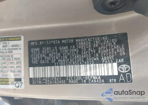 2005 Toyota Corolla Le z USA, uszkodzony, nr VIN 2T1BR32E85C474820